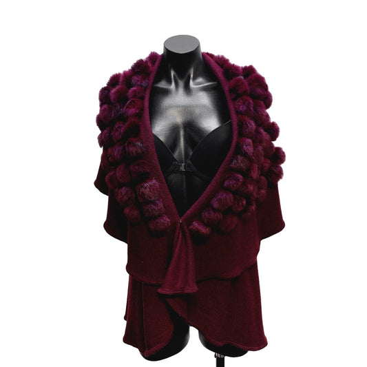 Dolce Cabo Burgundy Fur Pom-Pom Trim Cape Vest Size M/L