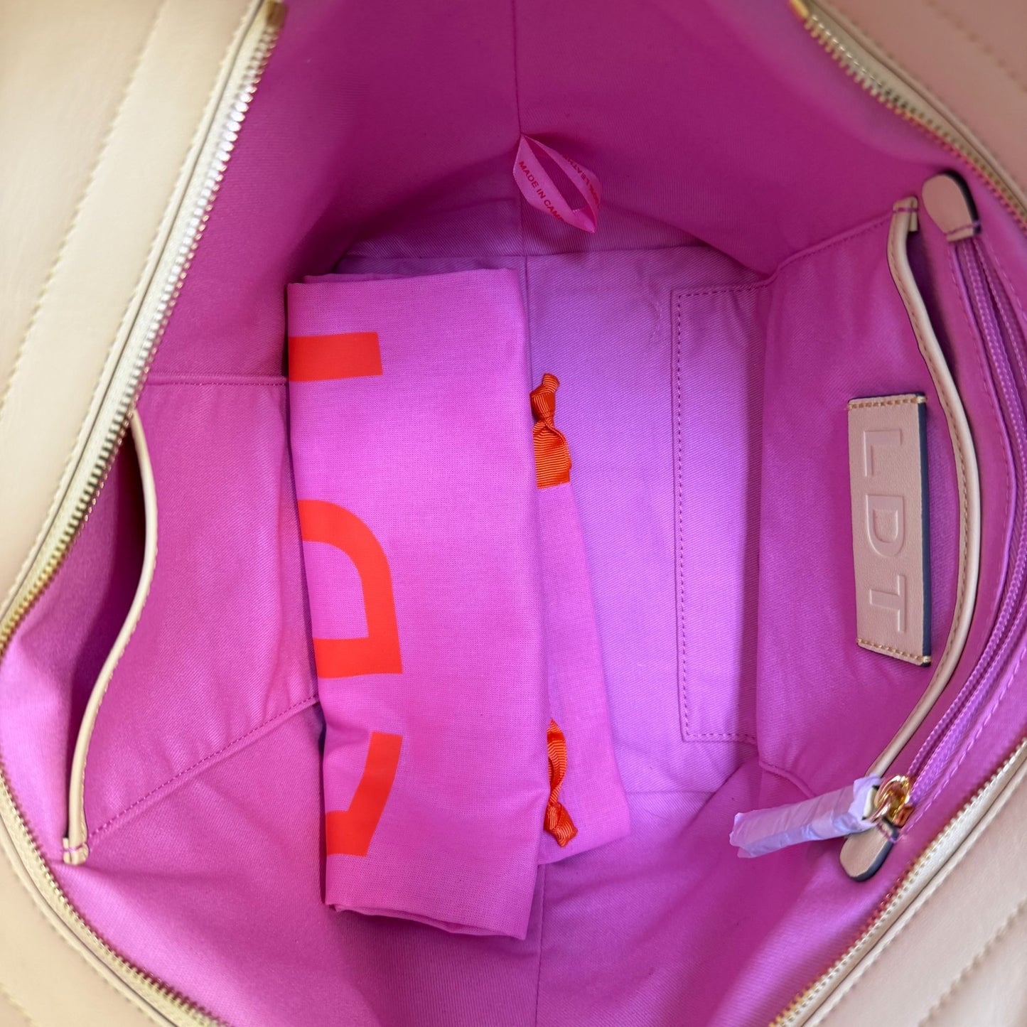 LDT Yellow & White Polka Dot Tote Bag With Adjustable Strap & Pink Interior