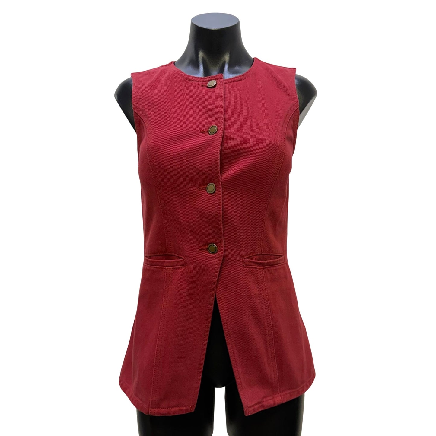 NWT Mon Renn Cherry Red Sleeveless Button-Front Denim Vest S