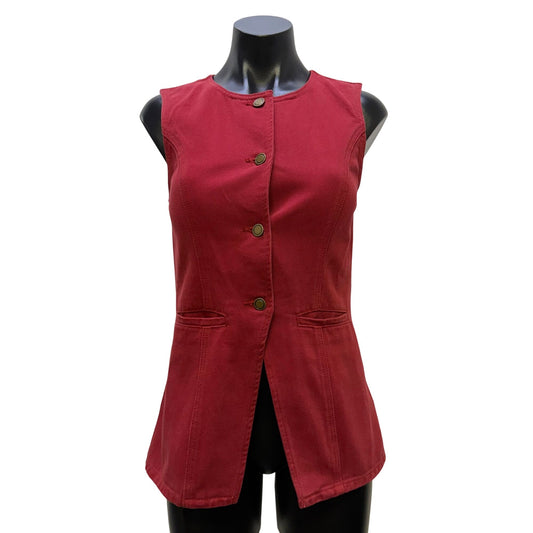 NWT Mon Renn Cherry Red Sleeveless Button-Front Denim Vest S