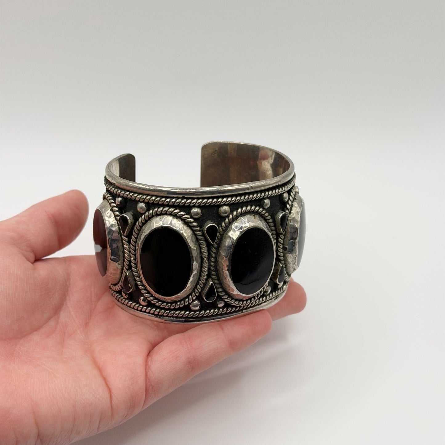 Mexico Sterling Silver Cuff Bracelet With Black Onyx Stones