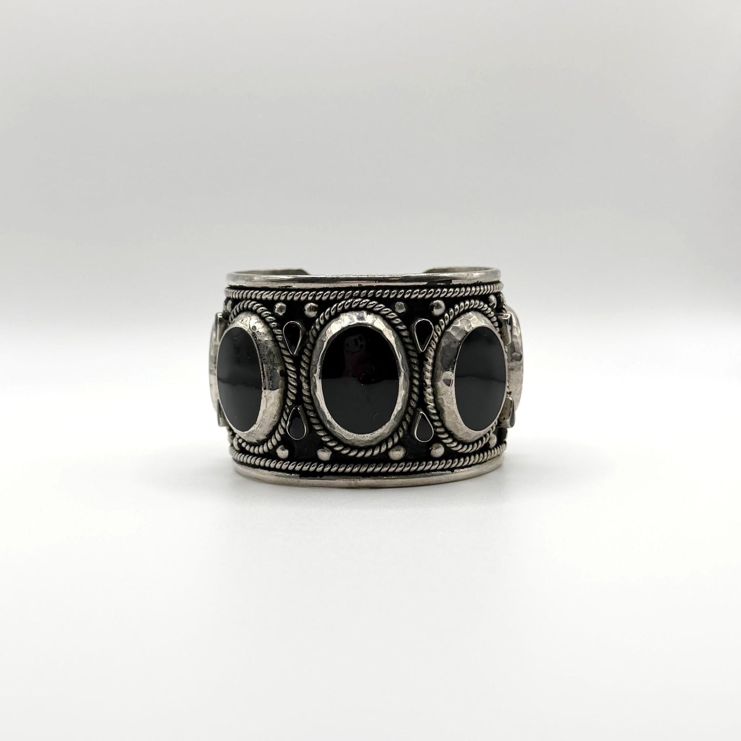 Mexico Sterling Silver Cuff Bracelet With Black Onyx Stones