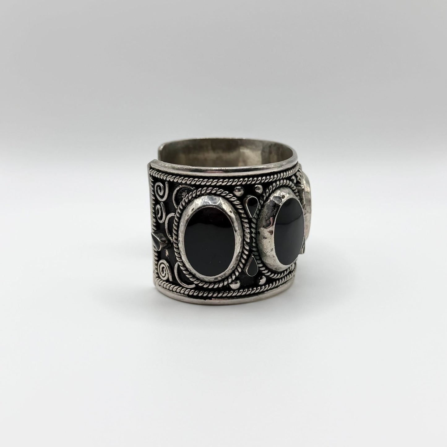Mexico Sterling Silver Cuff Bracelet With Black Onyx Stones