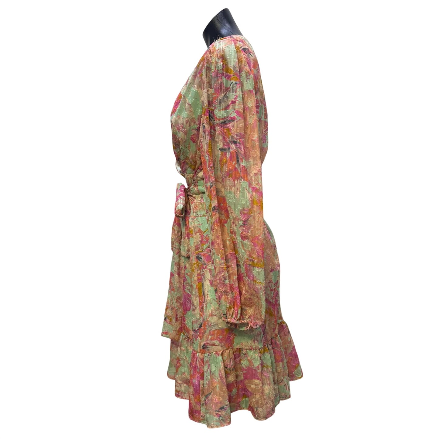 NWT Alex Marie Floral Long-Sleeve Belted Dress Mint Pink 16W