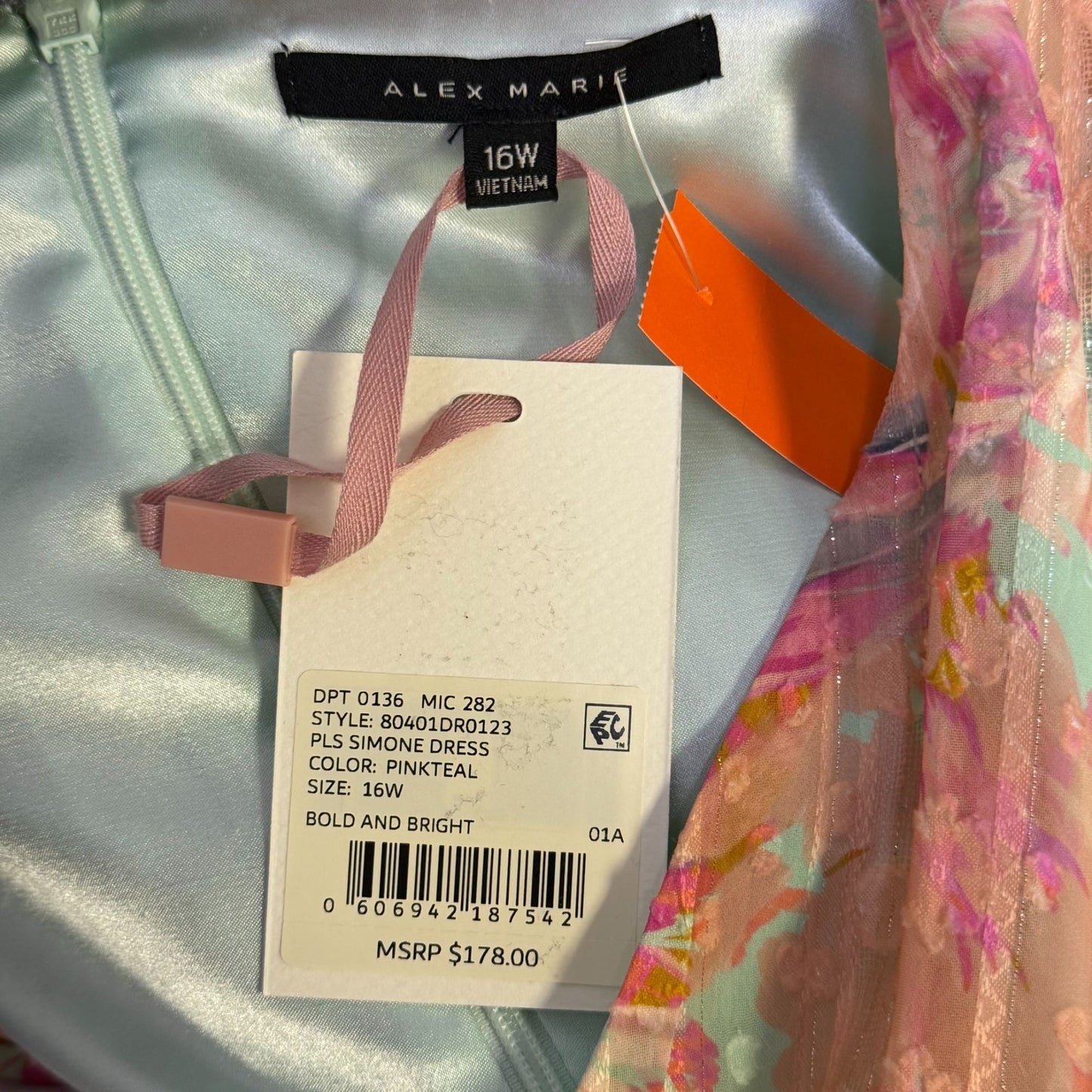 NWT Alex Marie Floral Long-Sleeve Belted Dress Mint Pink 16W