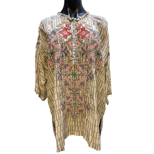 Johnny Was Bohemian Embroidered Tunic Top Tan Floral Pattern Size XL