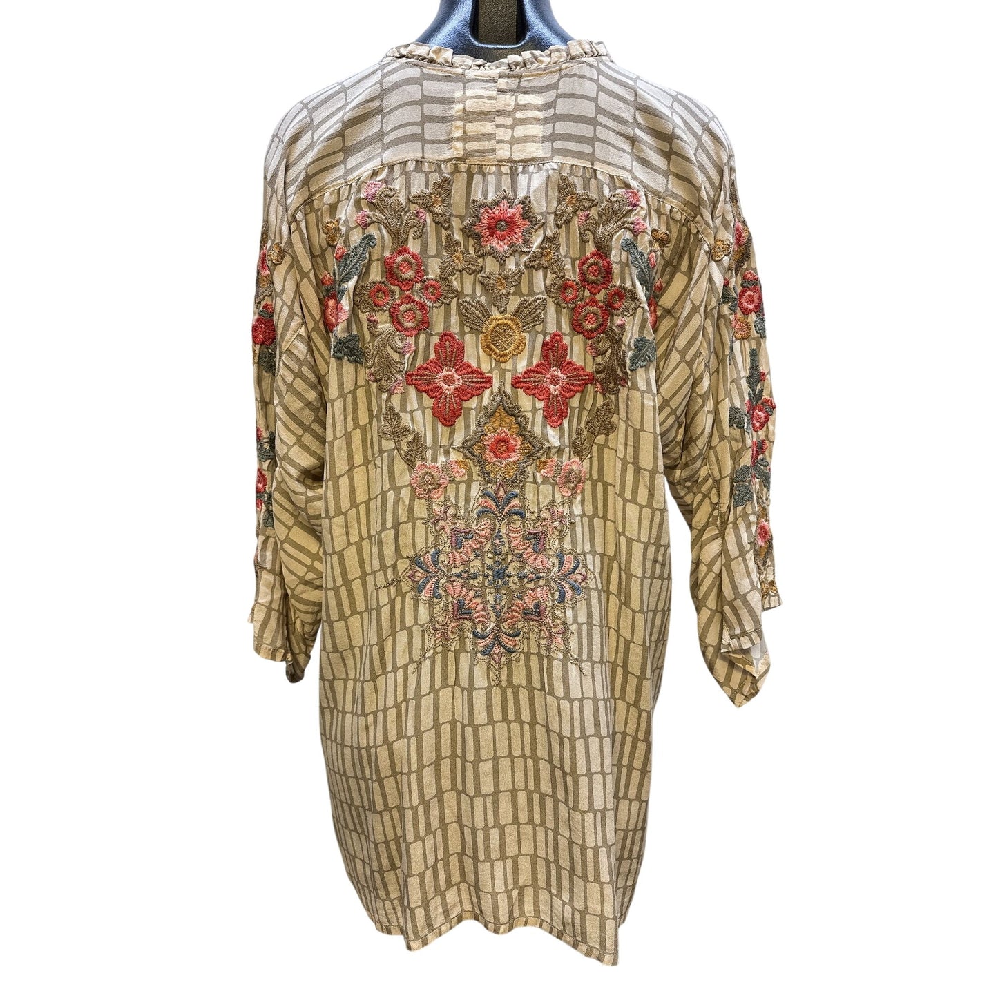 Johnny Was Bohemian Embroidered Tunic Top Tan Floral Pattern Size XL