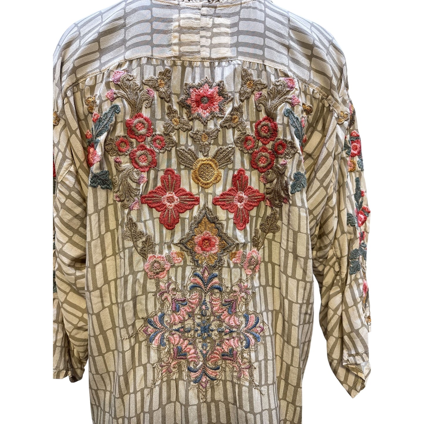 Johnny Was Bohemian Embroidered Tunic Top Tan Floral Pattern Size XL