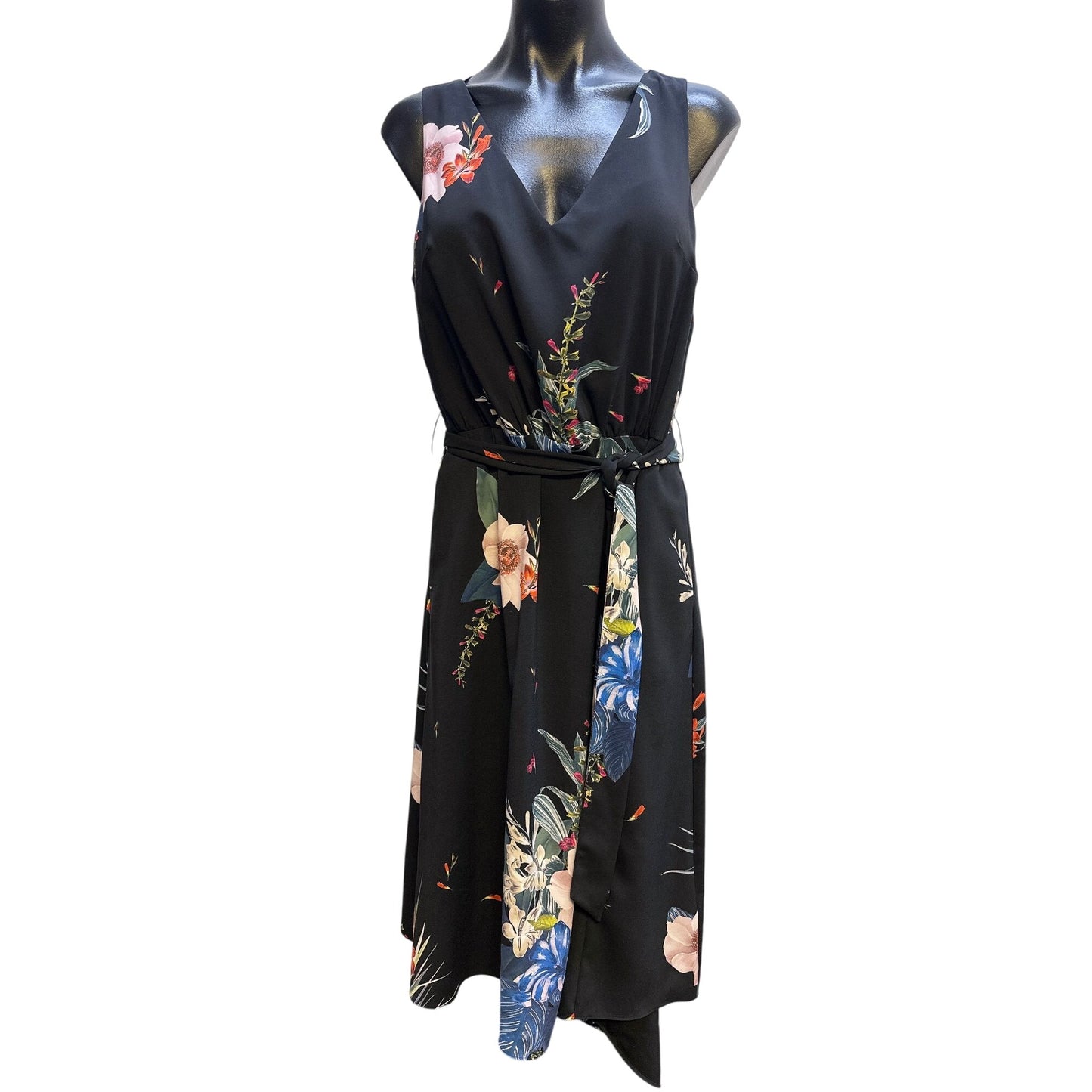 Ted Baker Floral Print Black Sleeveless Wrap Dress w/Tie Waist & V-Neckline Size 8