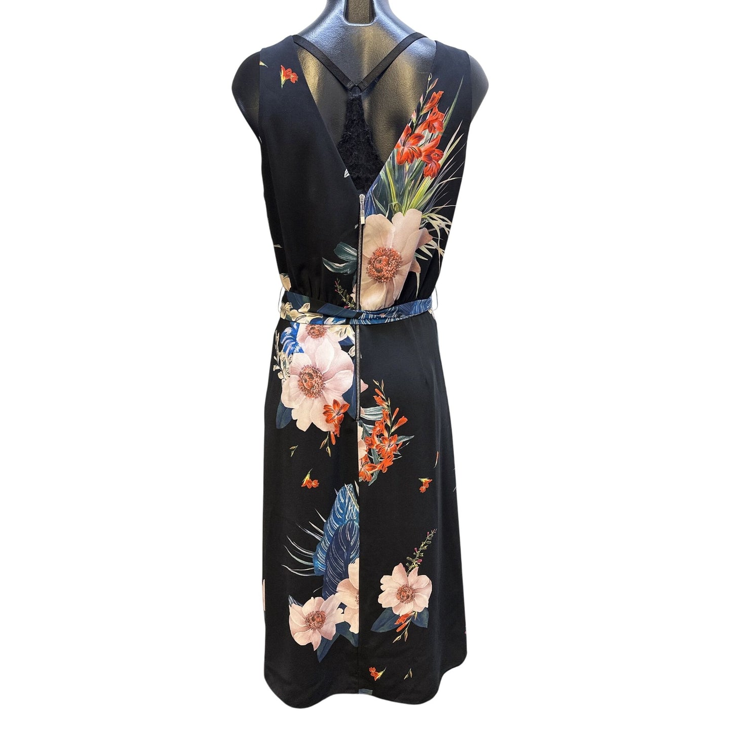 Ted Baker Floral Print Black Sleeveless Wrap Dress w/Tie Waist & V-Neckline Size 8