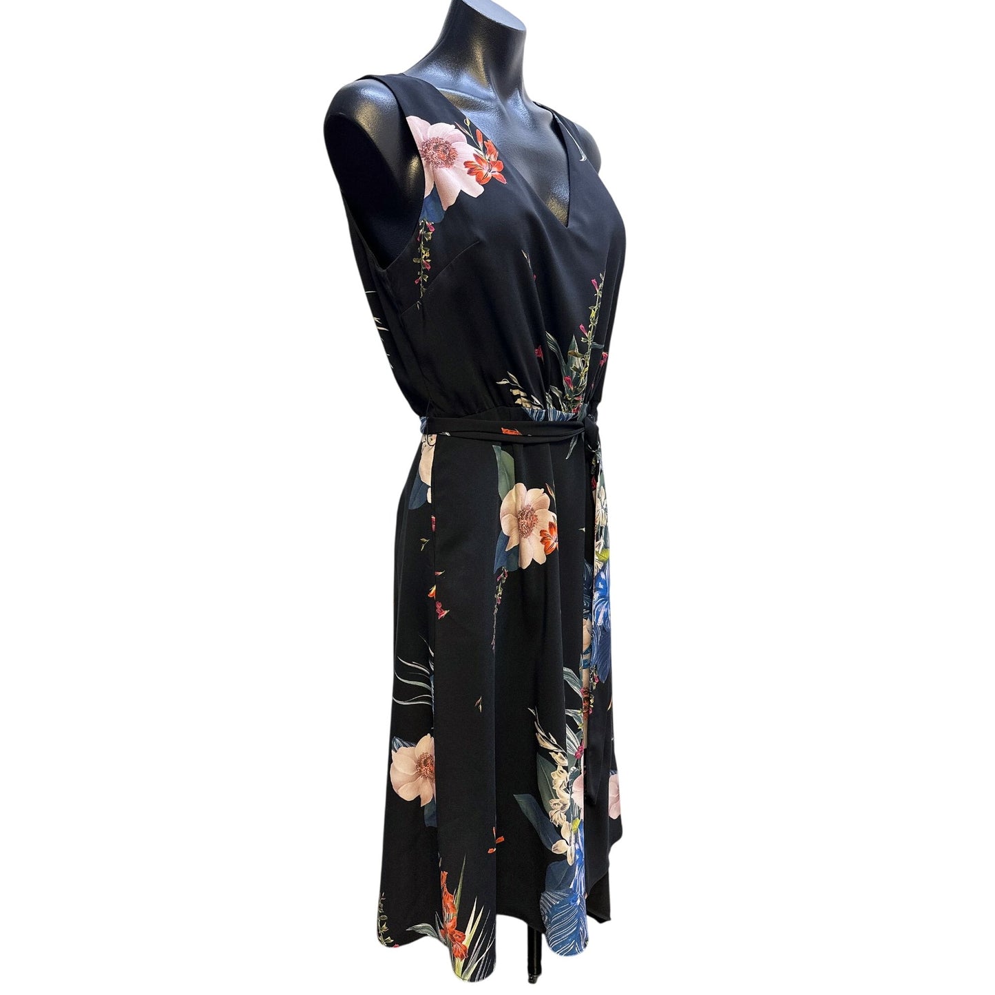 Ted Baker Floral Print Black Sleeveless Wrap Dress w/Tie Waist & V-Neckline Size 8