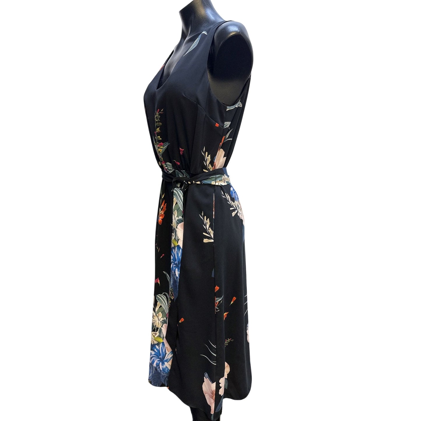 Ted Baker Floral Print Black Sleeveless Wrap Dress w/Tie Waist & V-Neckline Size 8