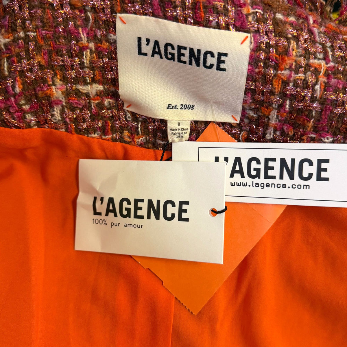 NWT L'Agence Orange & Pink Tweed Fringe Detail Jacket 8