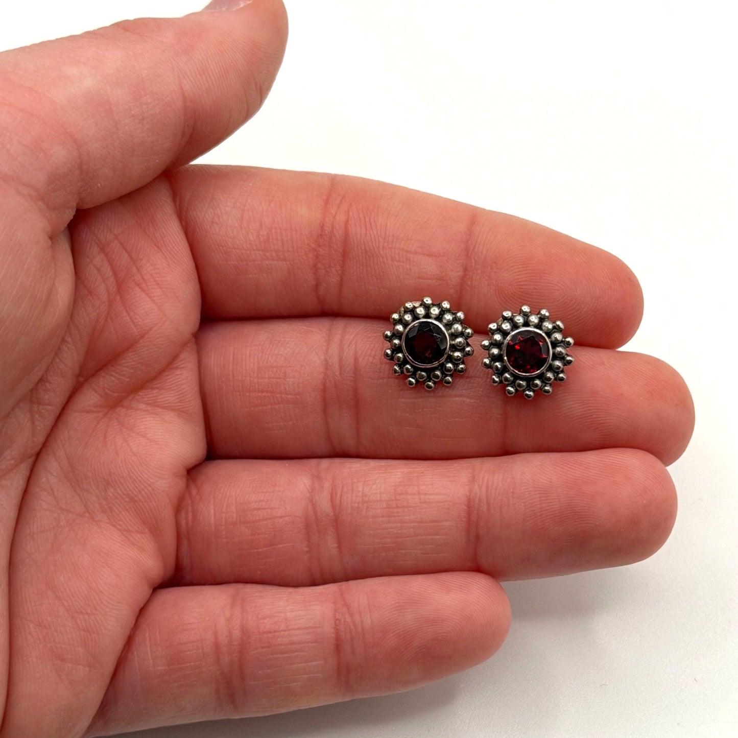 Vintage 925 Sterling Silver Red Garnet Stud Earrings