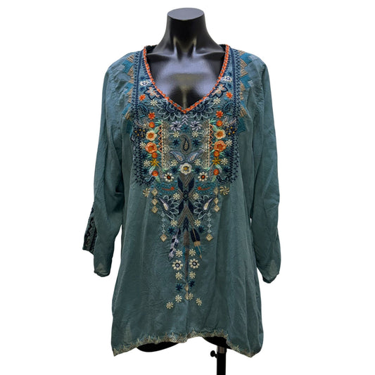 Johnny Was Embroidered Floral Boho Blouse Teal Multicolor Long Sleeve XL