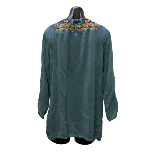 Johnny Was Embroidered Floral Boho Blouse Teal Multicolor Long Sleeve XL