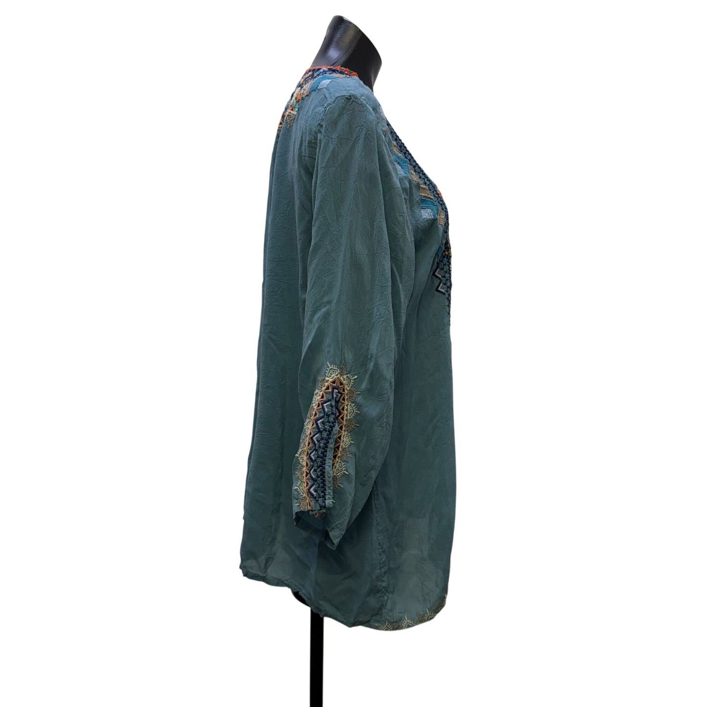 Johnny Was Embroidered Floral Boho Blouse Teal Multicolor Long Sleeve XL