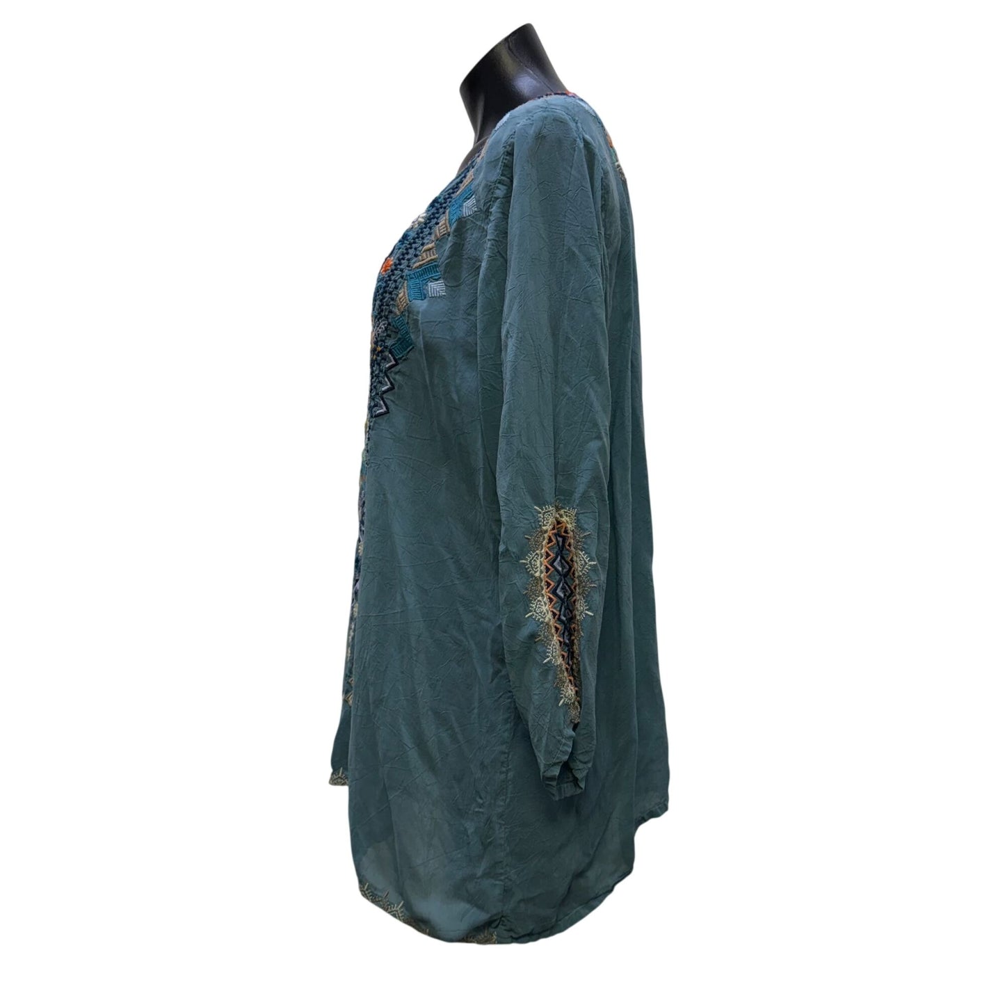 Johnny Was Embroidered Floral Boho Blouse Teal Multicolor Long Sleeve XL
