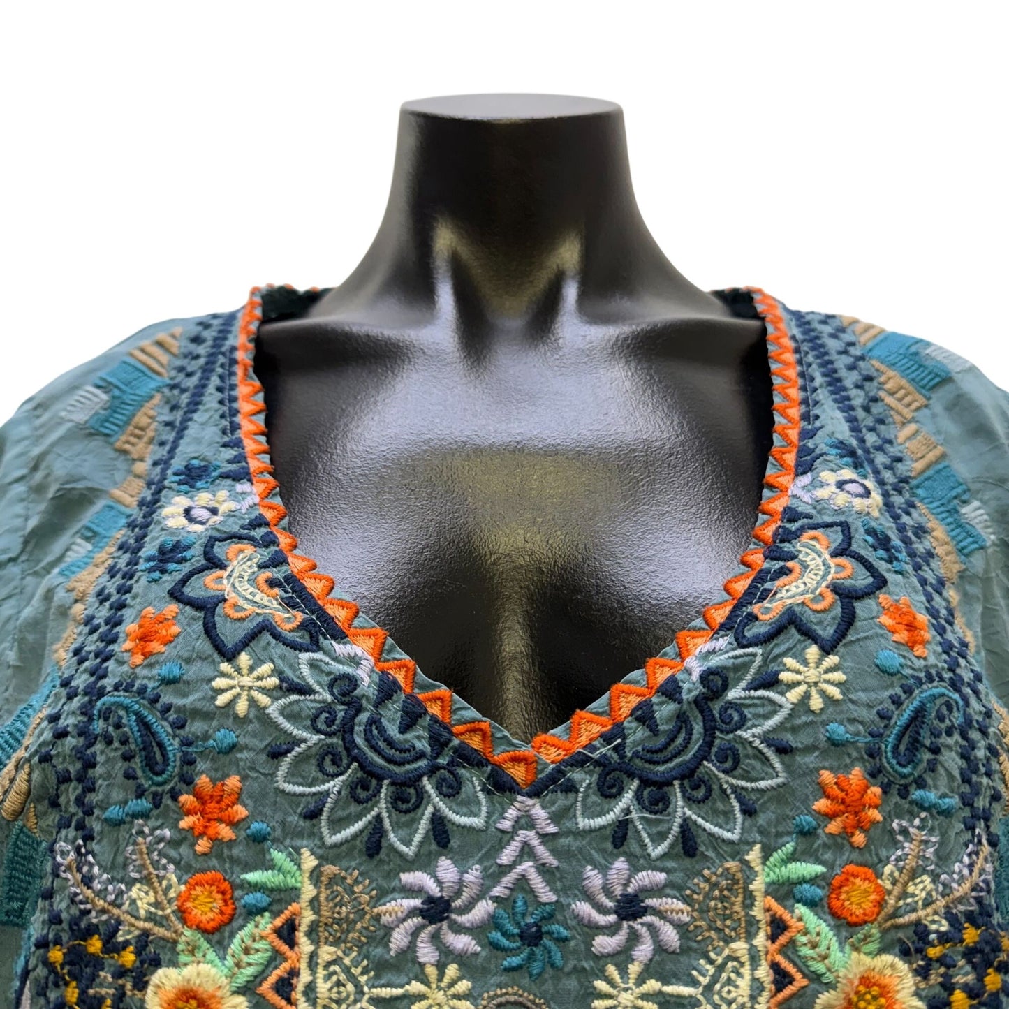 Johnny Was Embroidered Floral Boho Blouse Teal Multicolor Long Sleeve XL