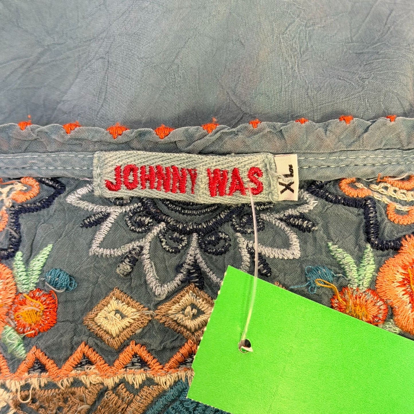 Johnny Was Embroidered Floral Boho Blouse Teal Multicolor Long Sleeve XL