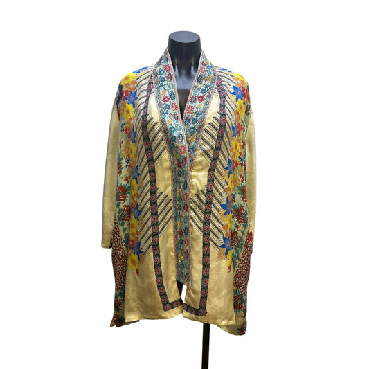 Johnny Was Silk Colorful Floral Open Front Cardigan w/Wide Sleeves Size M