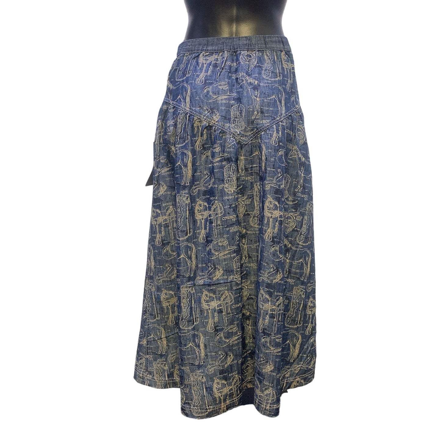 NWT Double D Ranch Wear Blue w/Cream Print Denim-Look Maxi Skirt Size Medium