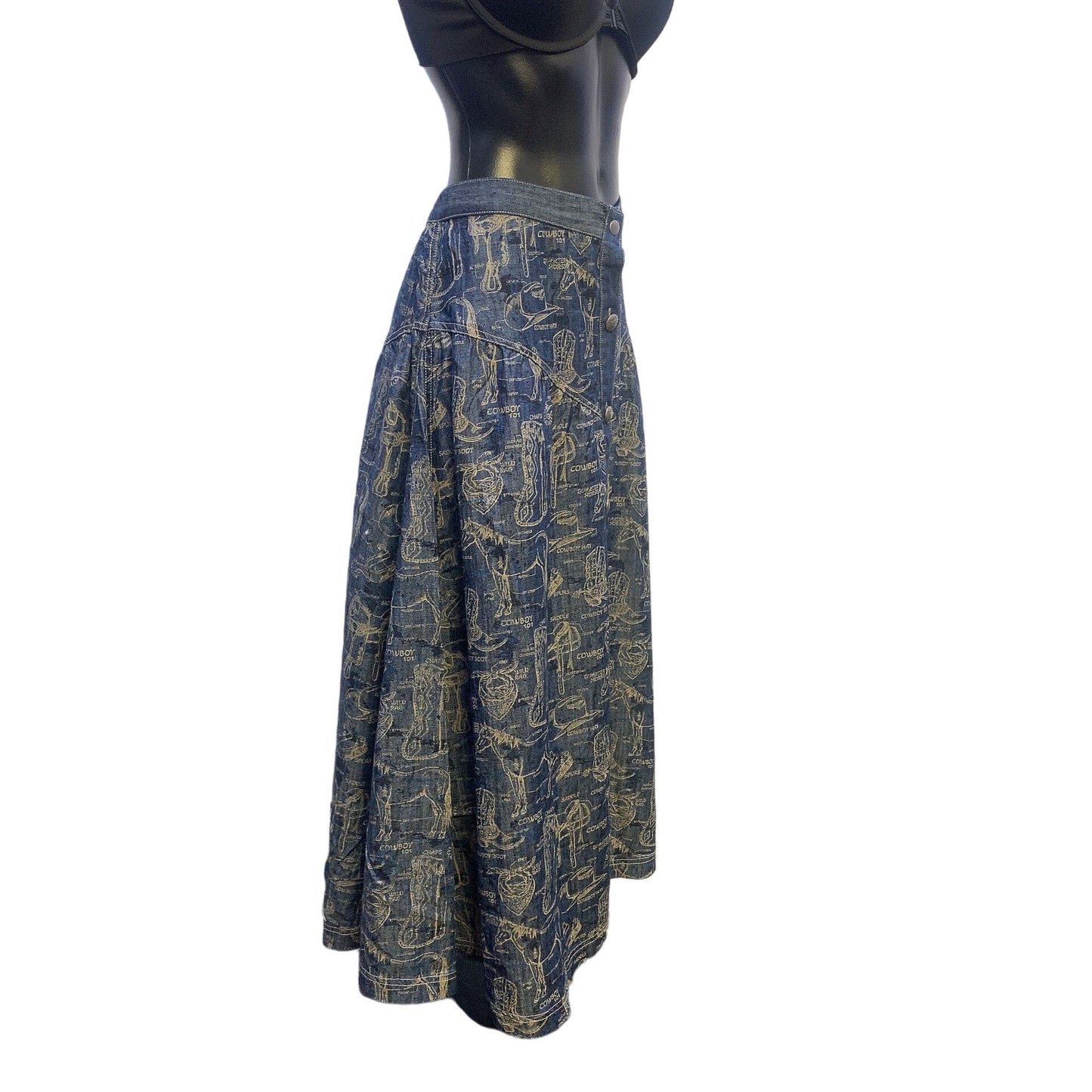 NWT Double D Ranch Wear Blue w/Cream Print Denim-Look Maxi Skirt Size Medium