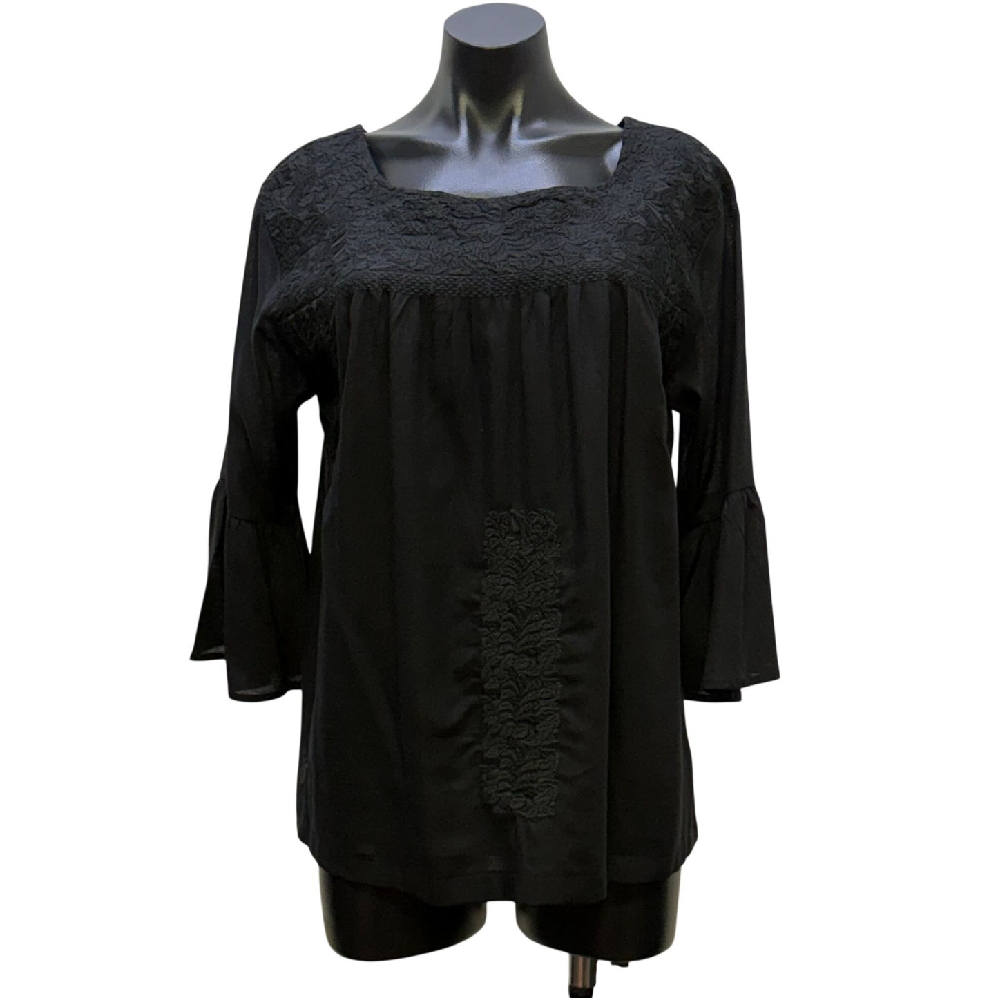 J. Marie Black Embroidered Blouse With Bell Sleeves M