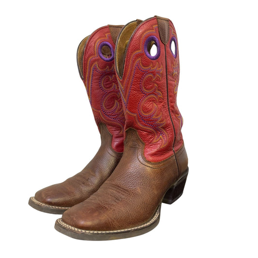 Ariat Western Cowboy Boots Red & Brown Leather Embroidered Square Toe Size 6.5