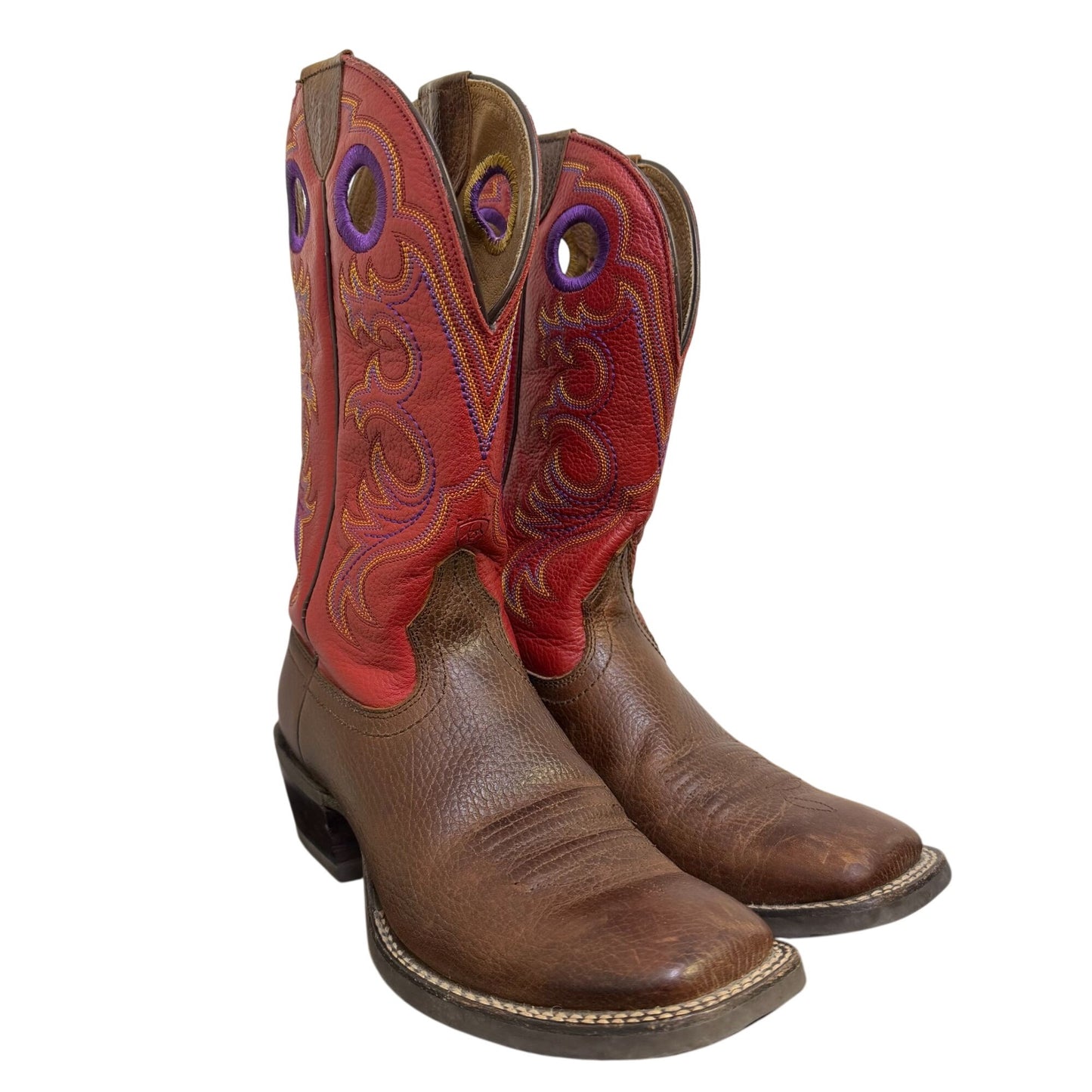 Ariat Western Cowboy Boots Red & Brown Leather Embroidered Square Toe Size 6.5