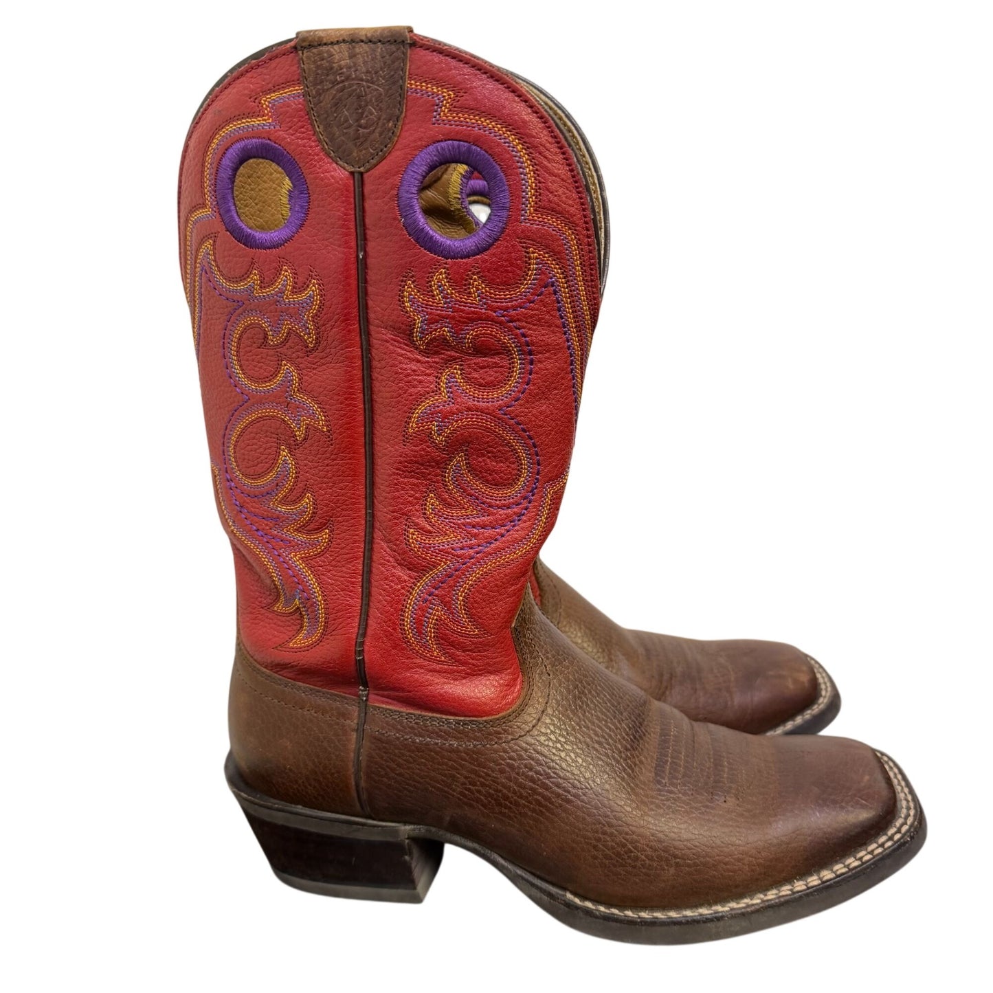 Ariat Western Cowboy Boots Red & Brown Leather Embroidered Square Toe Size 6.5