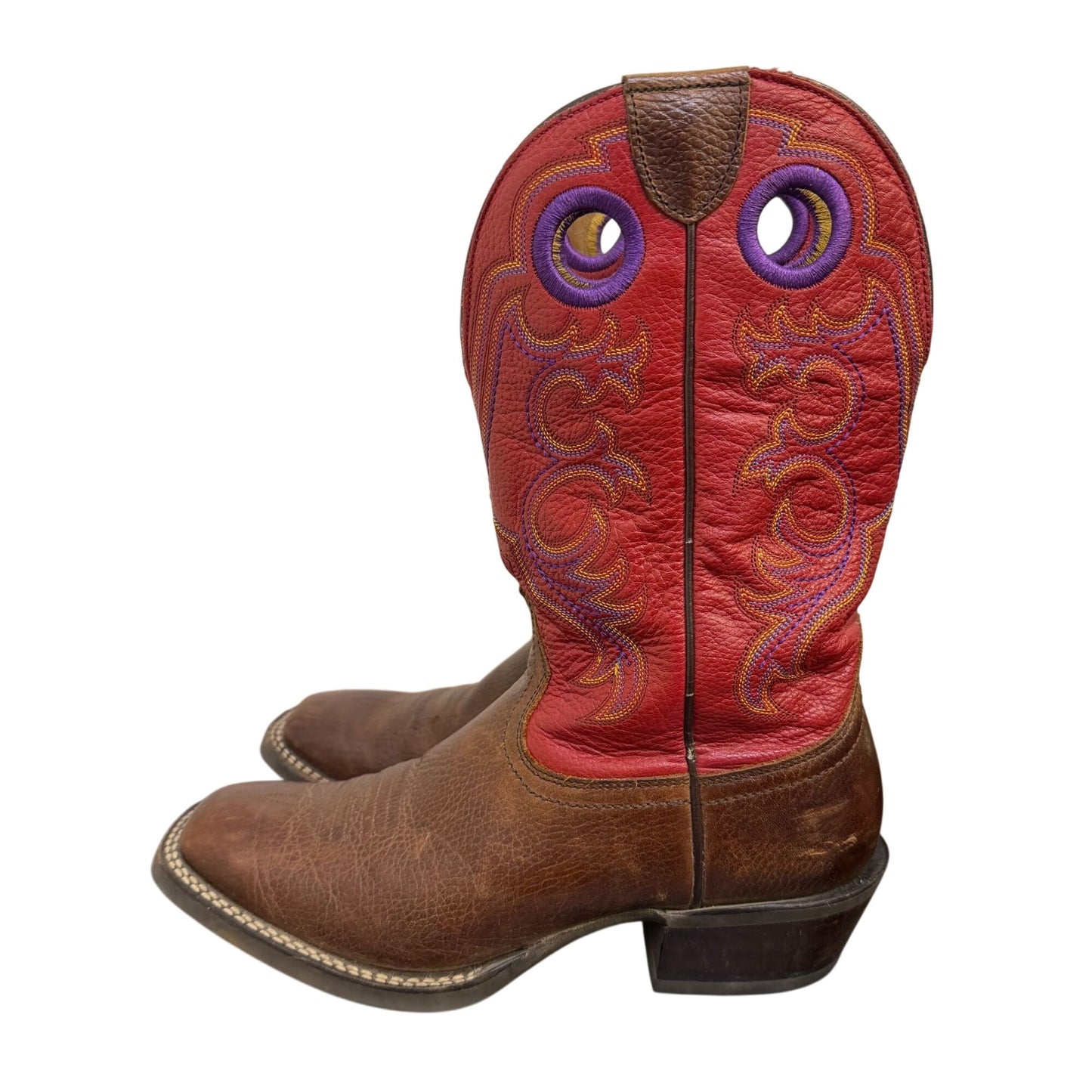 Ariat Western Cowboy Boots Red & Brown Leather Embroidered Square Toe Size 6.5