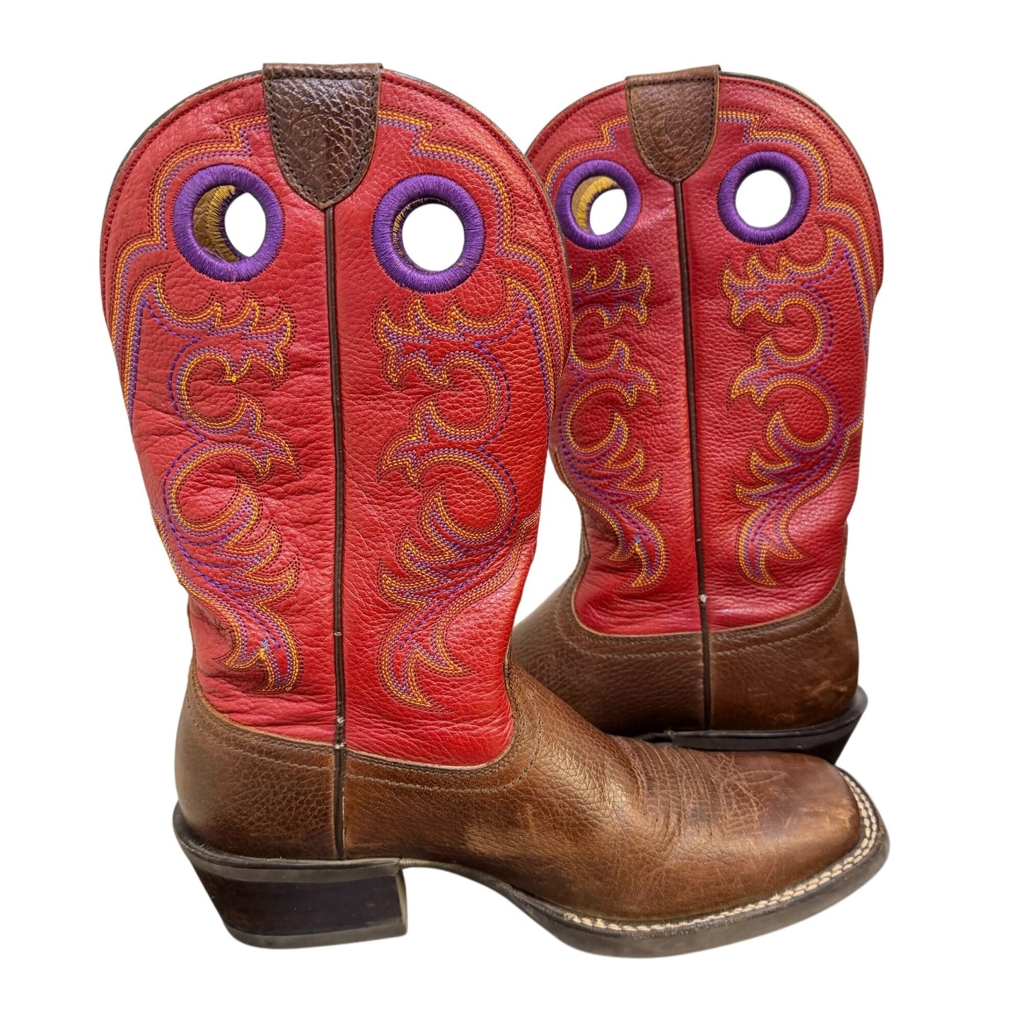 Ariat Western Cowboy Boots Red & Brown Leather Embroidered Square Toe Size 6.5