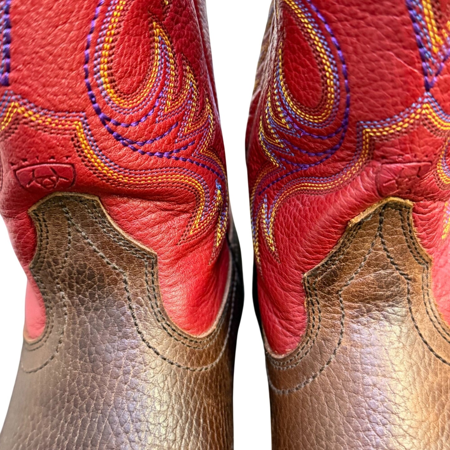 Ariat Western Cowboy Boots Red & Brown Leather Embroidered Square Toe Size 6.5