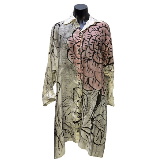NWT SKIF Long Tunic Blouse Cream & Pink Floral Design XL