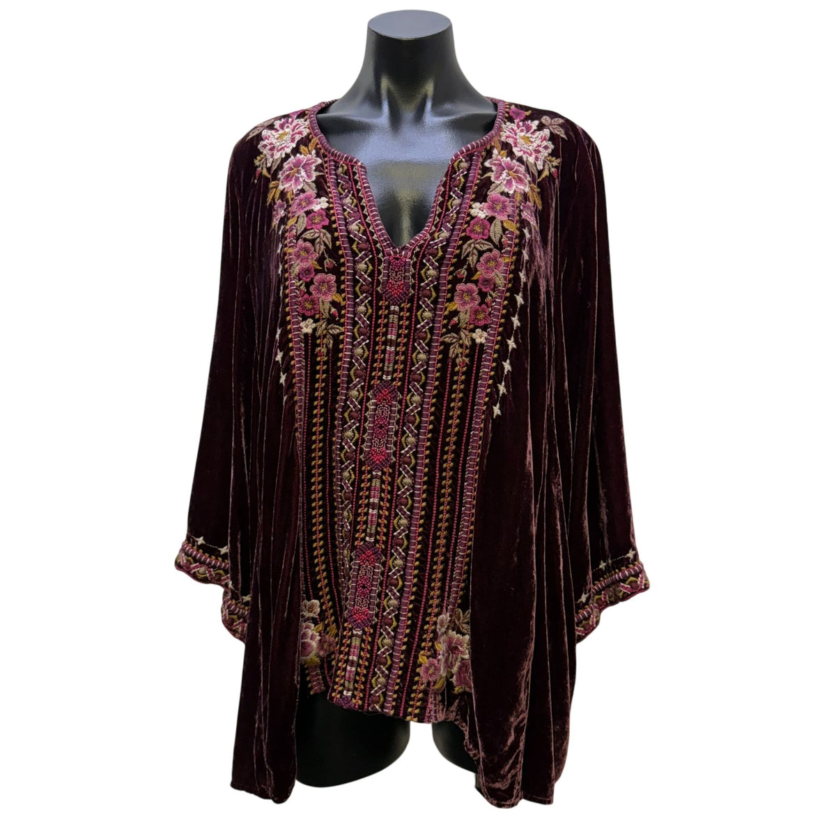 Johnny Was Velvet Embroidered Blouse Wine Multi XL