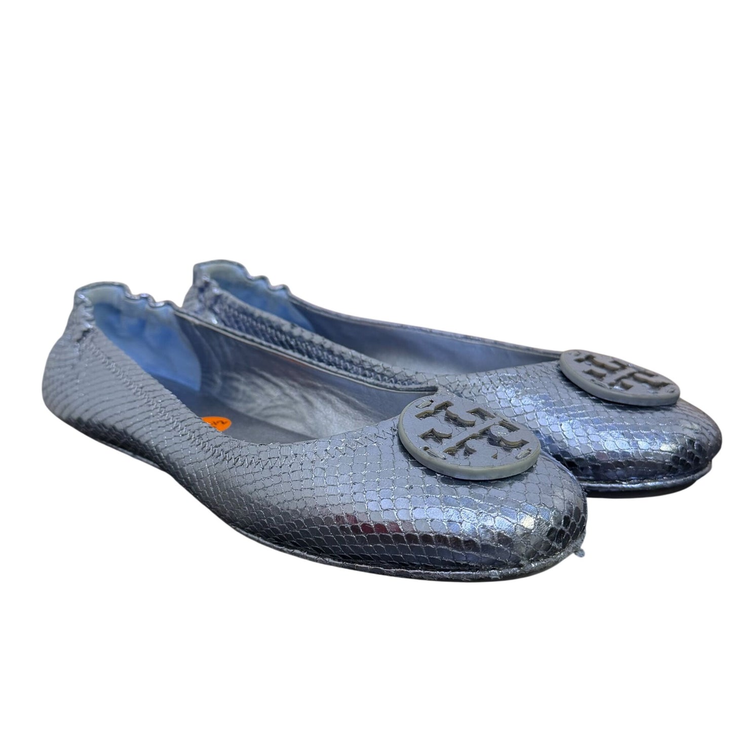 Tory Burch Metallic Blue Logo Flats Snake-Embossed Ballet Style Size 8.5