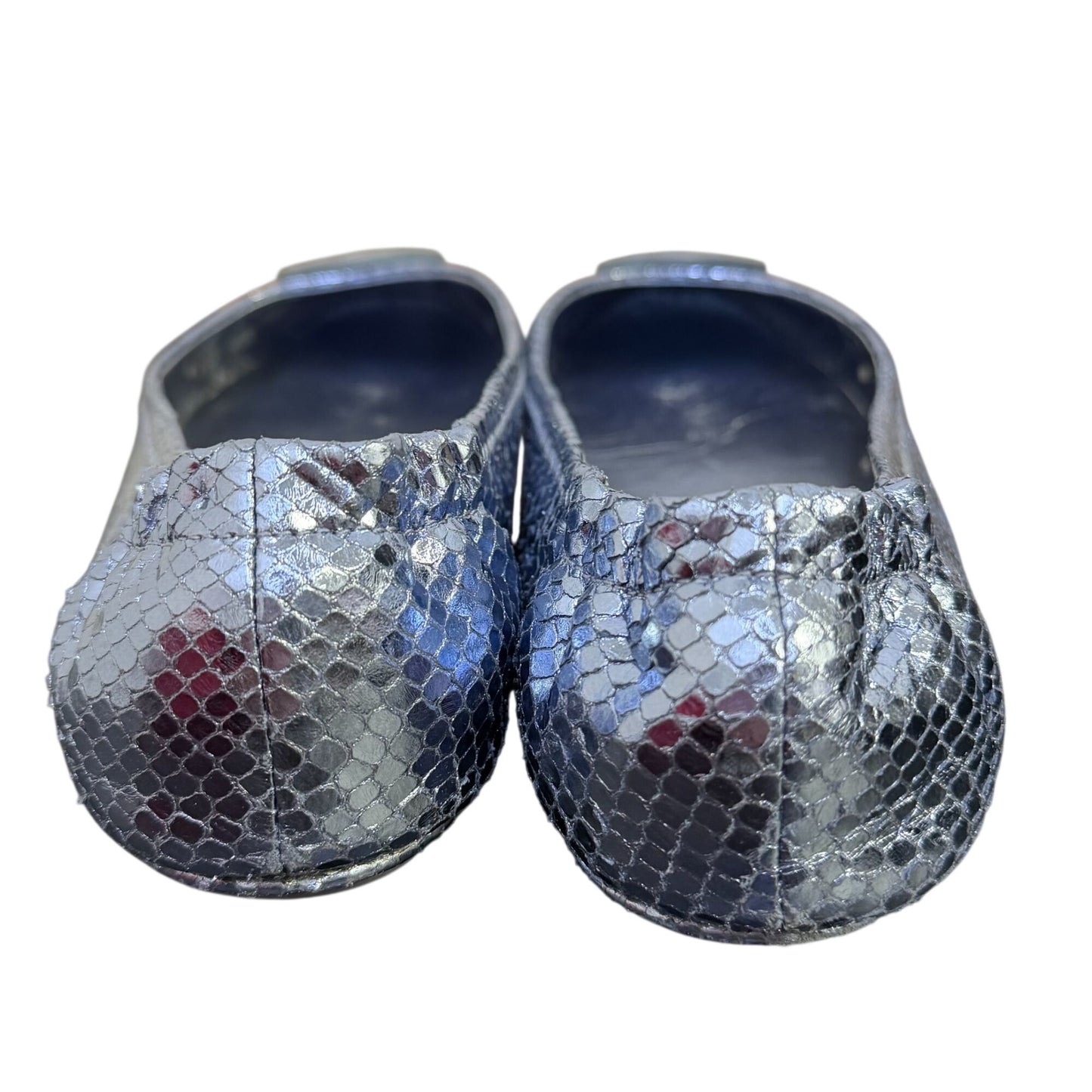 Tory Burch Metallic Blue Logo Flats Snake-Embossed Ballet Style Size 8.5