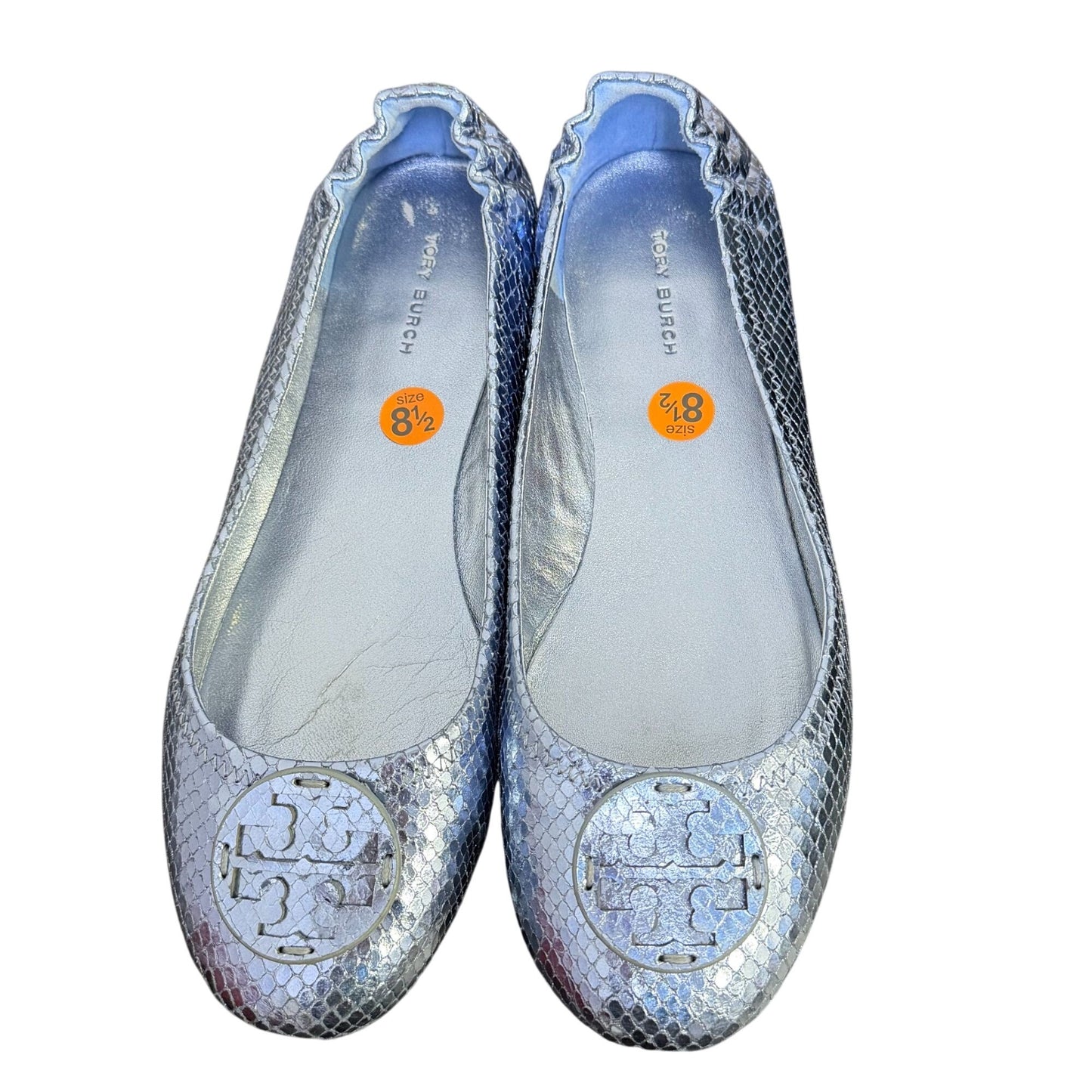 Tory Burch Metallic Blue Logo Flats Snake-Embossed Ballet Style Size 8.5