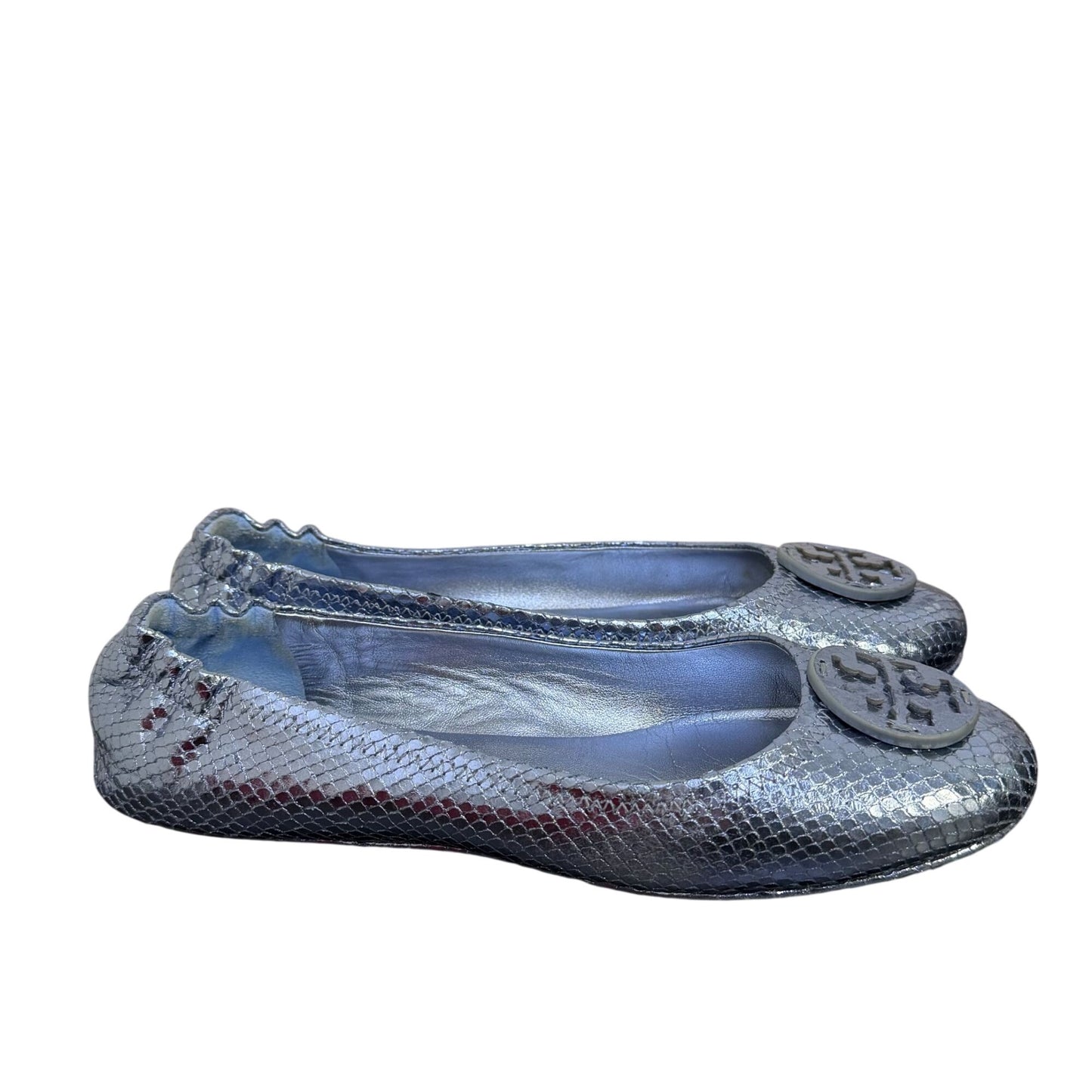 Tory Burch Metallic Blue Logo Flats Snake-Embossed Ballet Style Size 8.5