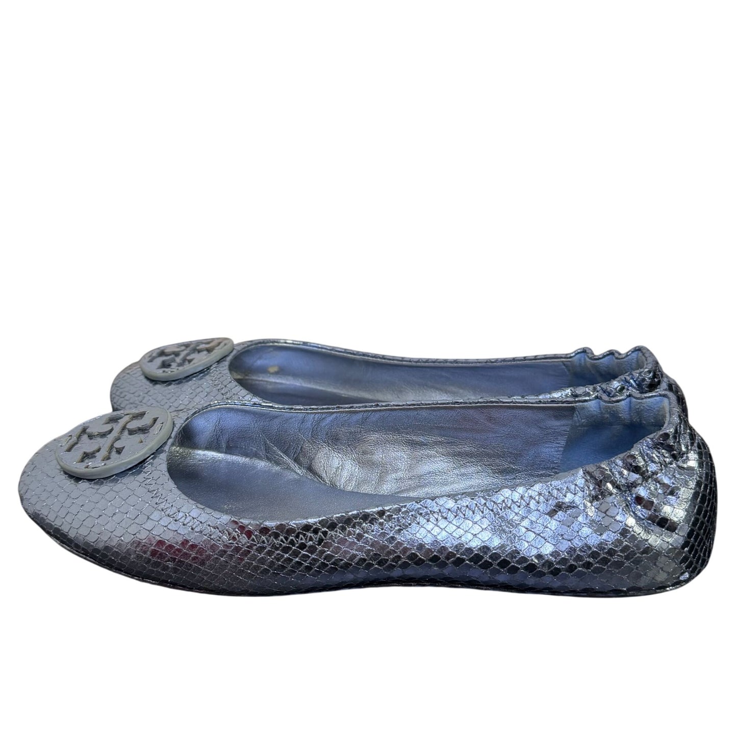 Tory Burch Metallic Blue Logo Flats Snake-Embossed Ballet Style Size 8.5