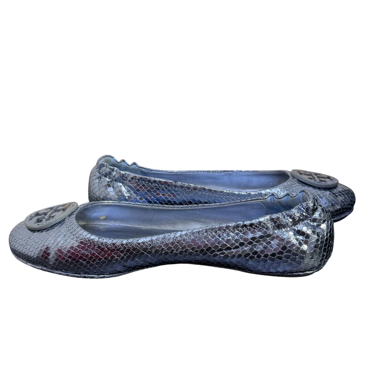 Tory Burch Metallic Blue Logo Flats Snake-Embossed Ballet Style Size 8.5