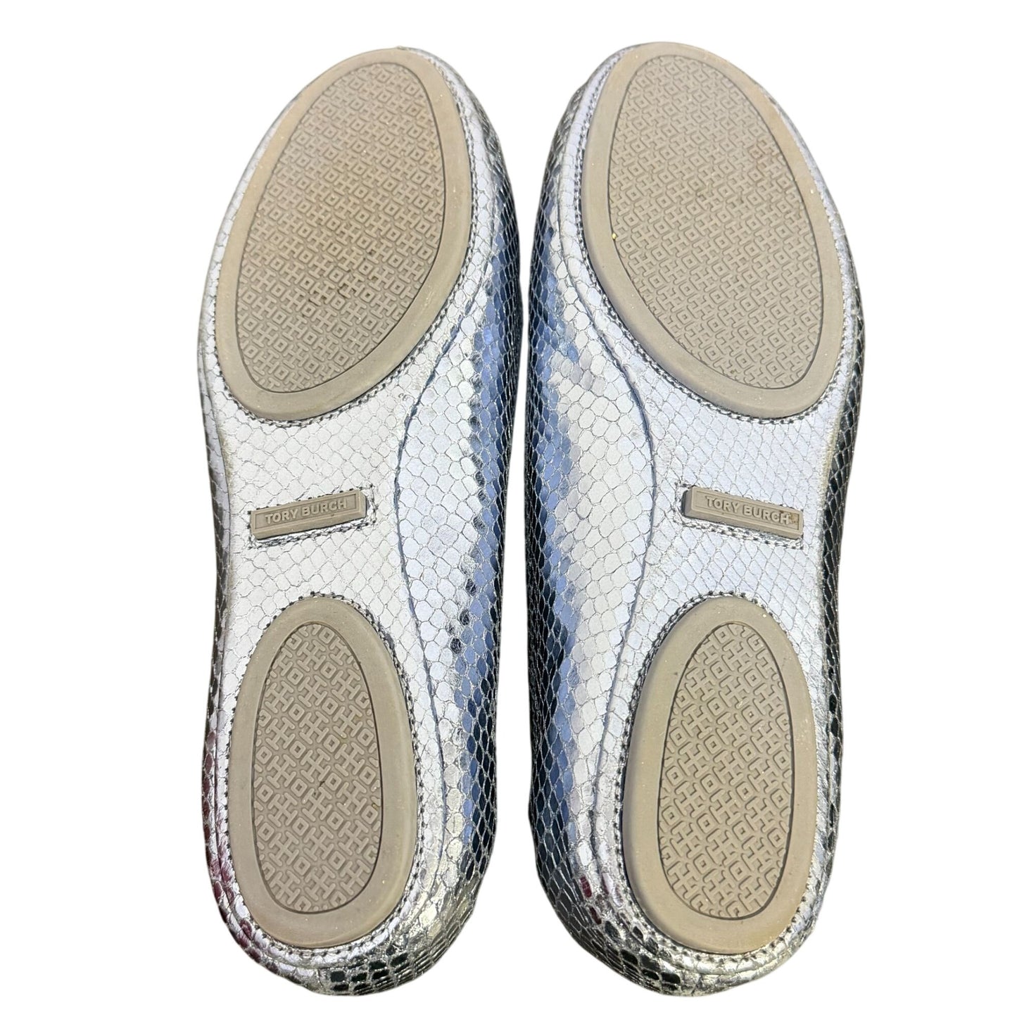 Tory Burch Metallic Blue Logo Flats Snake-Embossed Ballet Style Size 8.5