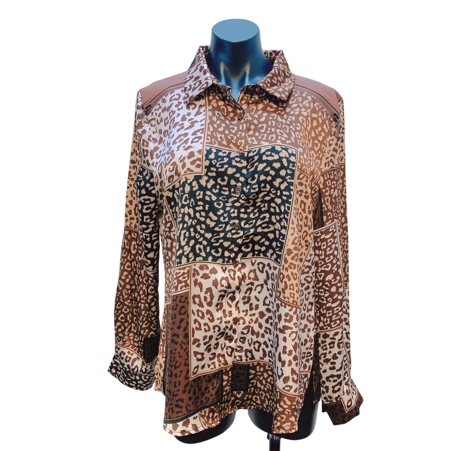 NWT A.Z.I Animal Print Button-up Blouse Faux Leather Shoulder Details Size L