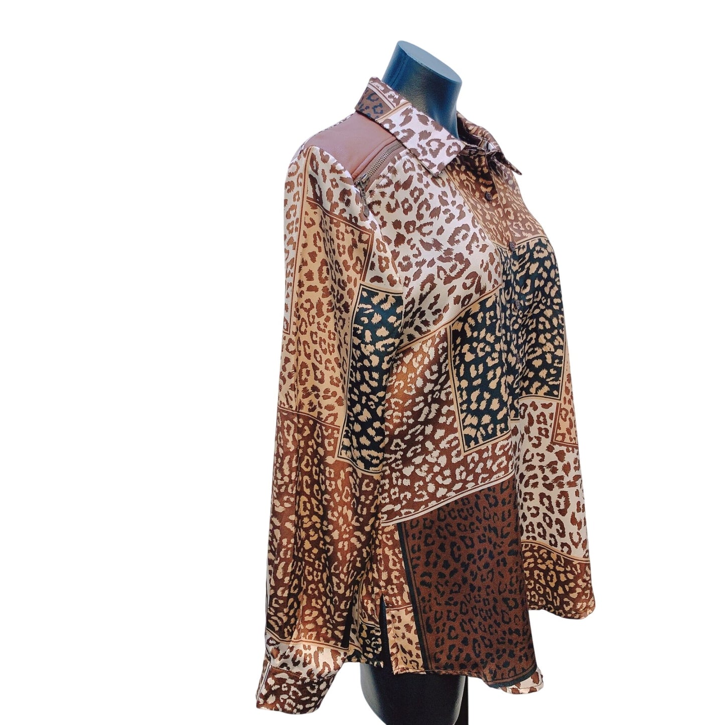 NWT A.Z.I Animal Print Button-up Blouse Faux Leather Shoulder Details Size L