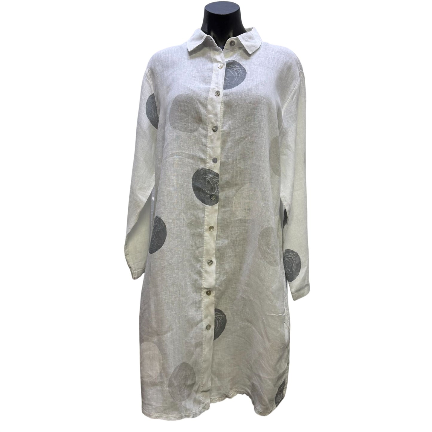Meo Meli White & Gray Polka Dot Linen Button-Up Long Shirt Dress L