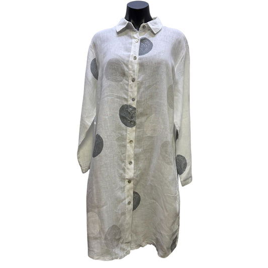 Meo Meli White & Gray Polka Dot Linen Button-Up Long Shirt Dress L