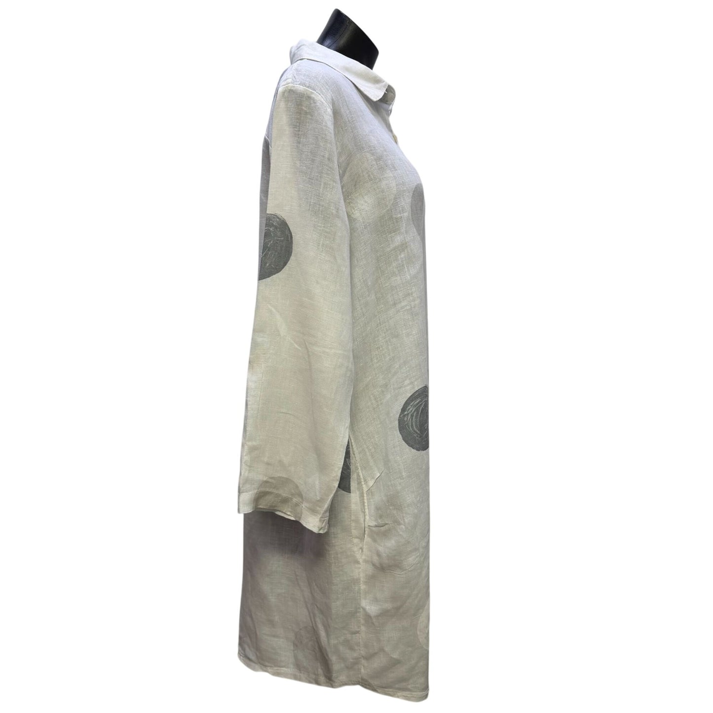 Meo Meli White & Gray Polka Dot Linen Button-Up Long Shirt Dress L