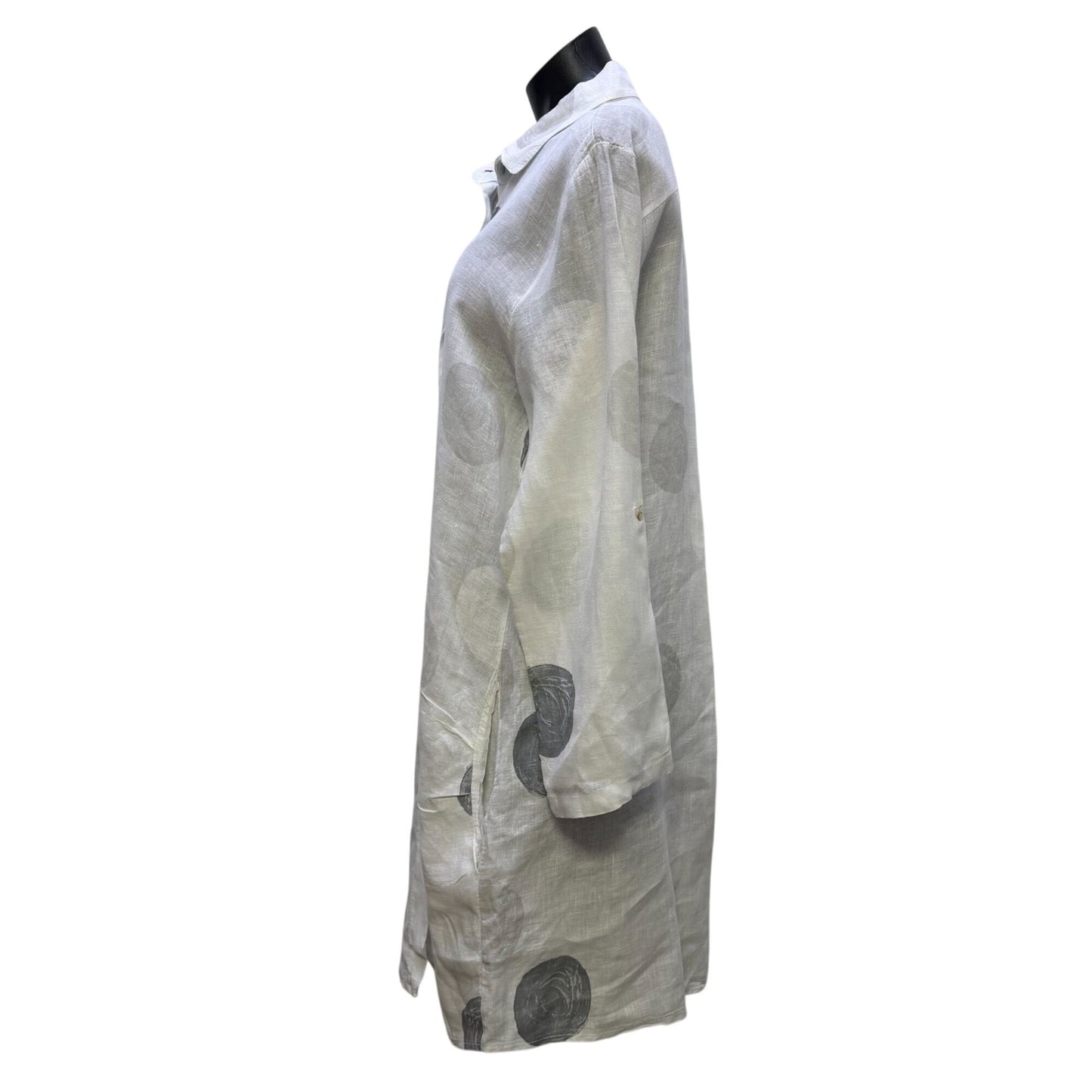 Meo Meli White & Gray Polka Dot Linen Button-Up Long Shirt Dress L