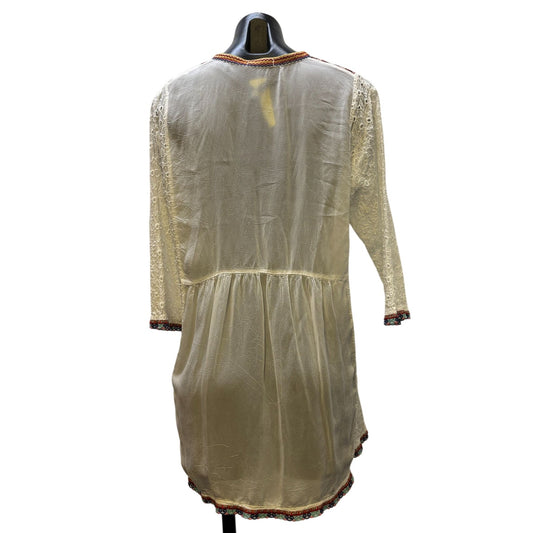 Johnny Was Embroidered Silk Blouse White With Lace Sleeves & Floral Detailing L